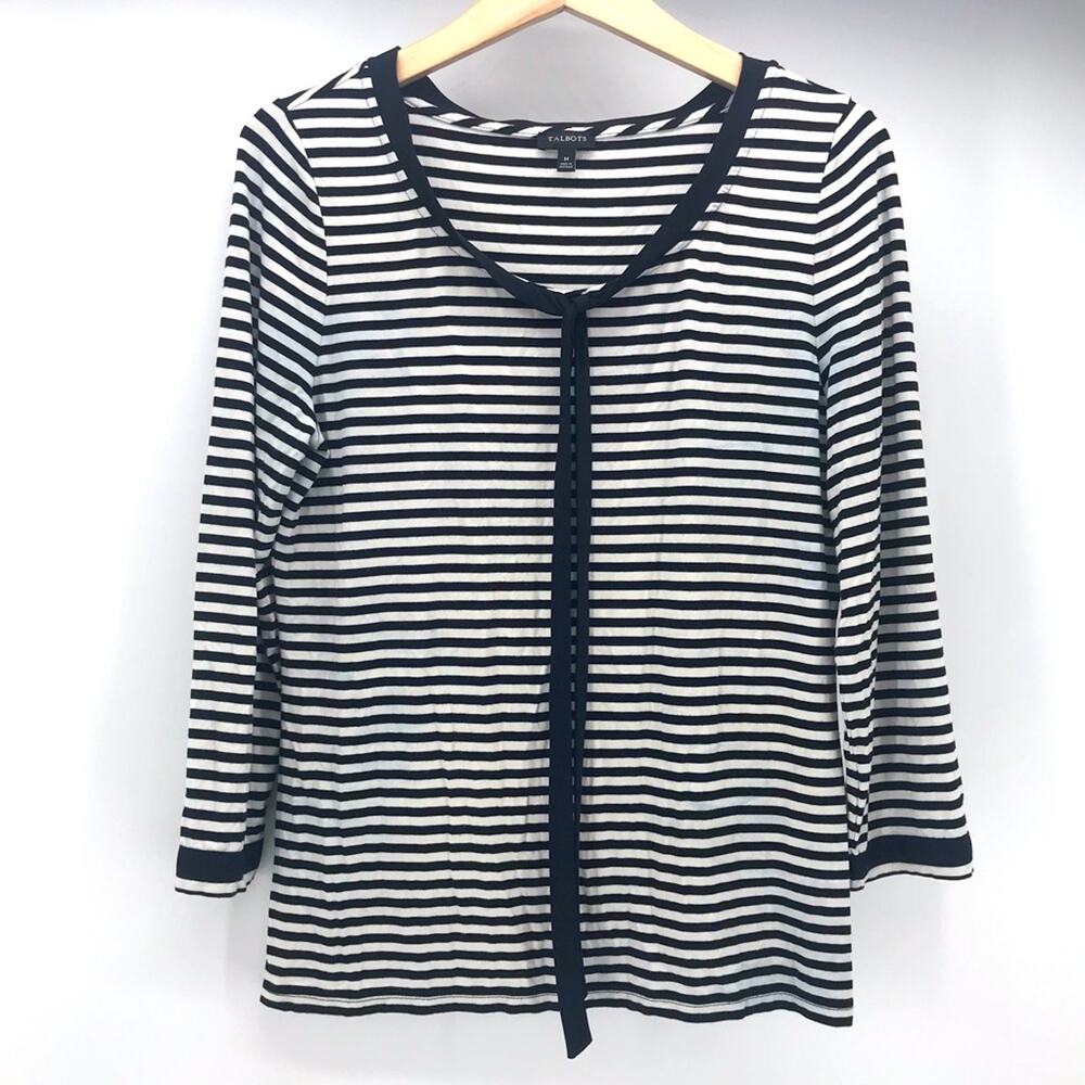 Talbots Top Womens Medium Black White Stripe Scoop Neck 3/4 Sleeve AS IS
